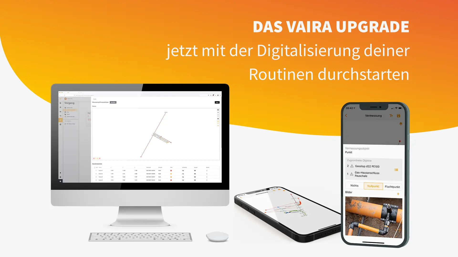 Titelbild. Zeigt einen Monitor und zwei Smartphones mit Screenshots von Vaira. Overlay-Text: "Das Vaira Upgrade – Jetzt mit der Digitalisierung deiner Routinen durchstarten!"