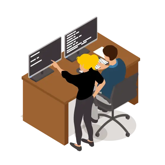 Grafik in der zwei Mitarbeiter nebeneinander im Büro auf ihre Monitore schauen um digitale Daten einzusehen.