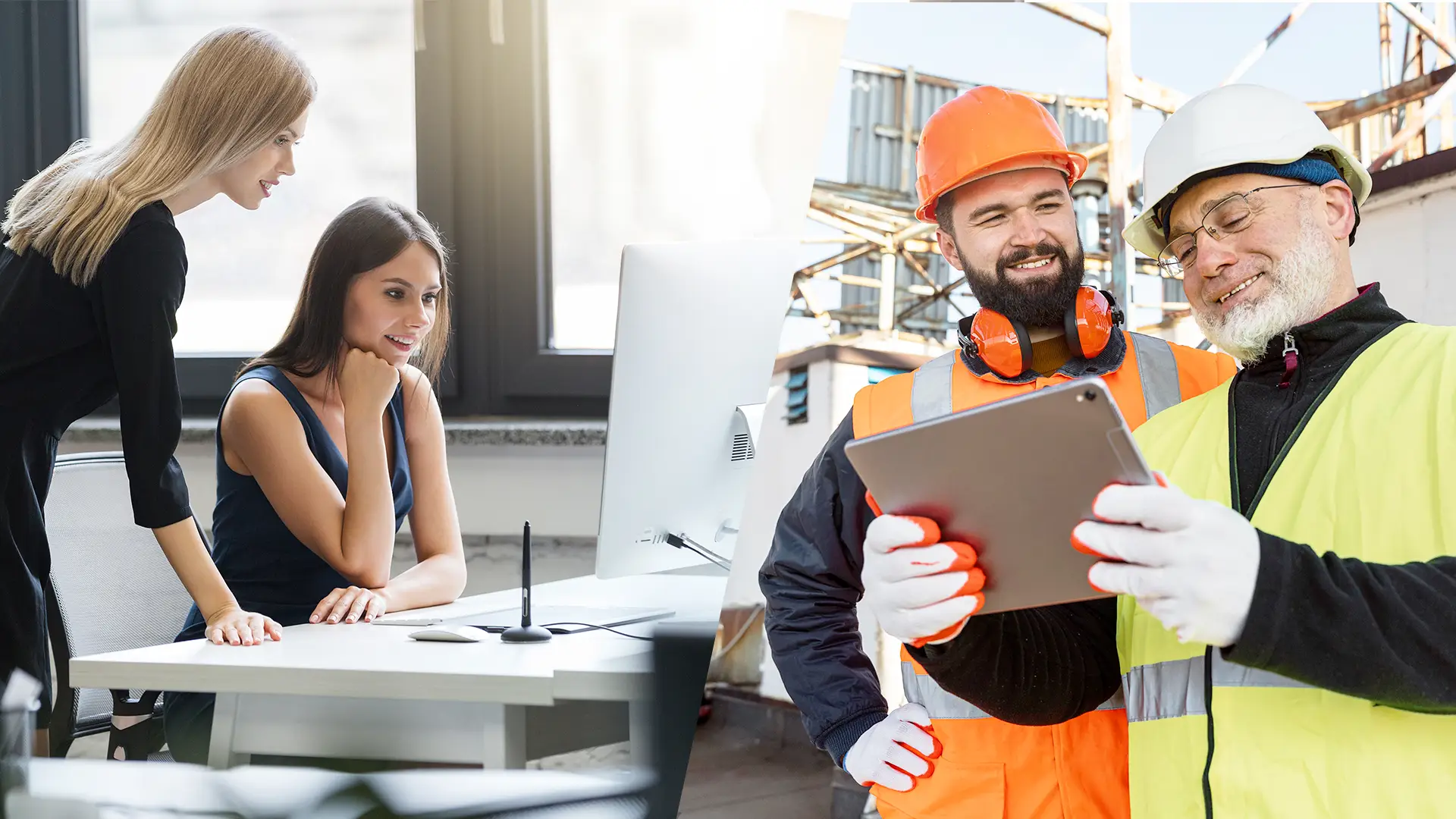 Titelbild. Zeigt zwei junge Frauen im Büro, die am PC mit Vaira Personalmanagement betreiben. Auf der rechten Seite sind ein junger und ein alter Mann zu sehen, die gemeinsam an einem Tablet mit Vaira arbeiten.