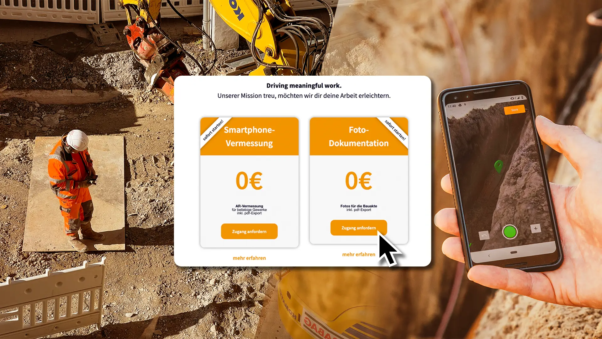 Collage. Im Vordergrund sind die beiden Gratis-Angebots-Kästen zu sehen, über die man Zugang anfordern kann. Im Hintergrund sind die Vermessung per Smartphone zu sehen und ein Bauarbeiter, der an seinem Smartphone arbeitet.