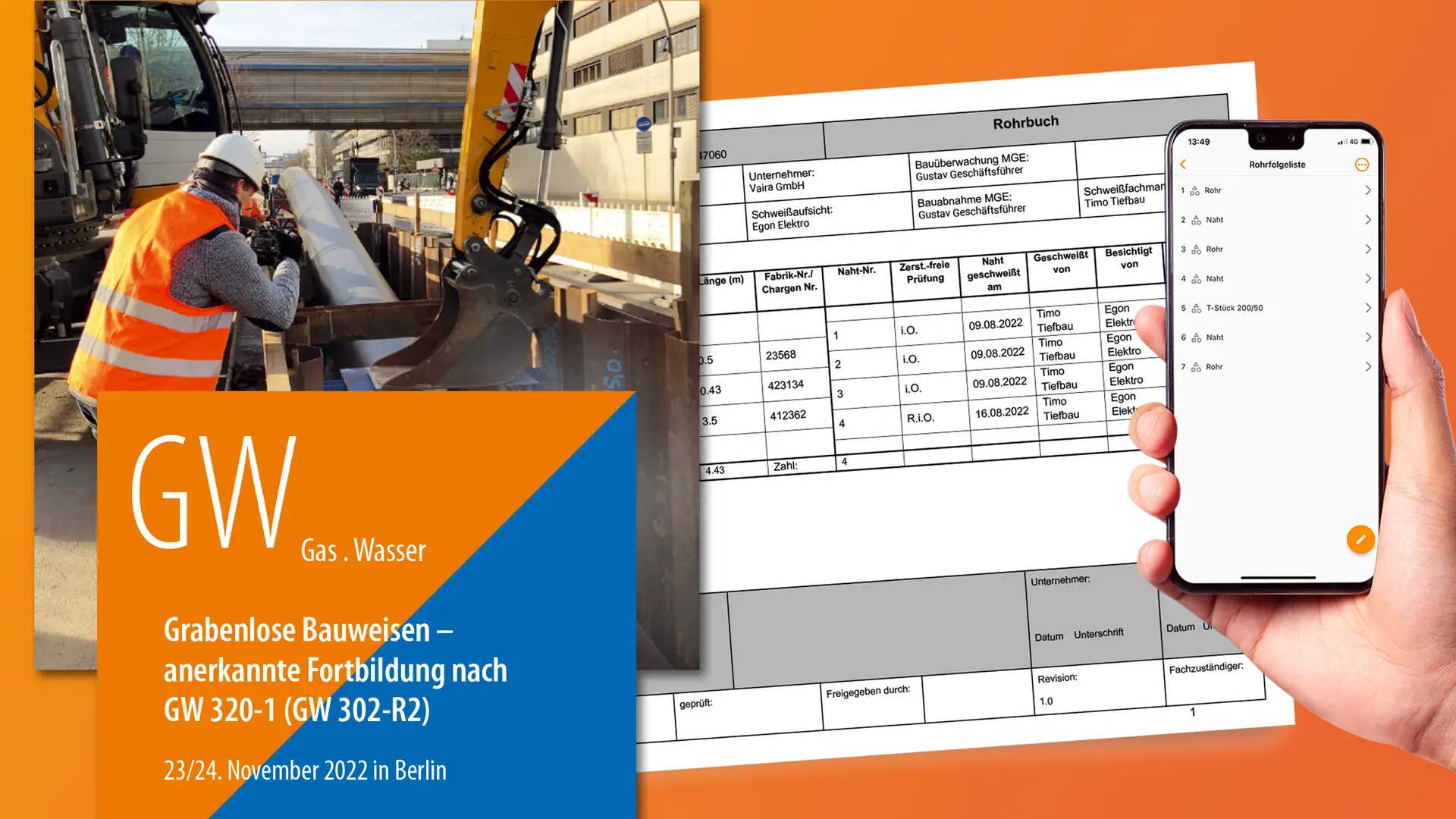 Titelbild. Kombination aus einem Bild von Bauarbeitern auf der Baustelle und den Rahmendaten der Schulung zu grabenlosen Bauweisen. Daneben eine Collage aus einer mit Vaira erzeugten Rohrfolgeliste und einem Smartphone, auf dem die Bauteilerfassung zu sehen ist.