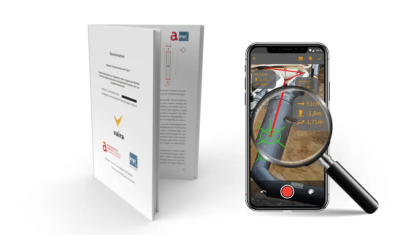 3D-Modell der Bachelorarbeit: »Digitaler Hausanschluss mit Vaira – Nutzbarkeitsstudie zur Integration einer Augmented-Reality-Vermessungskomponente in bestehende Prozesse der Leitungsdokumentation« neben einem Smartphone, auf dem mit Vaira vermessen wird. Über dem Smartphone schwebt eine Lupe, die die Untersuchung symbolisieren soll.