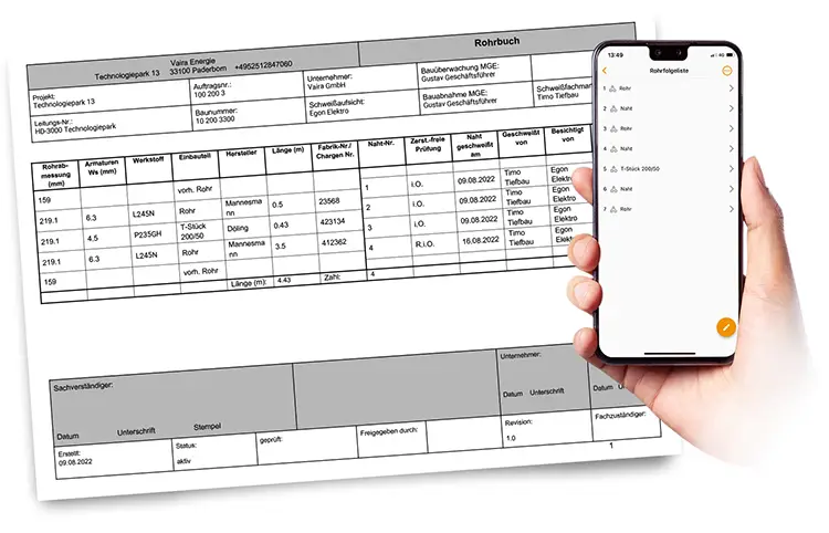 Eine ausgedruckte Rohrfolgeliste neben einem Smartphone, auf dem eine Bauteilliste mit Vaira zu sehen ist.