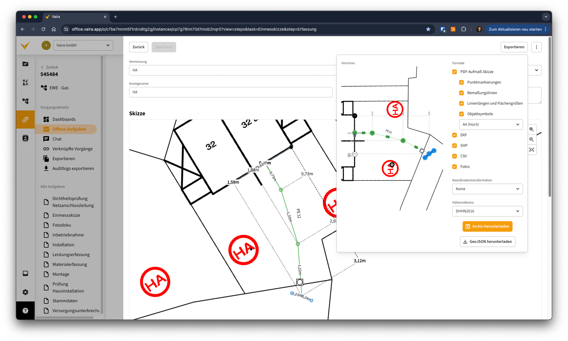 Vermessungsskizze mit Bestandsplan. Exportfenster ist geöffnet, zu sehen ist die neue Dropdown-Auswahl für das Höhenreferenzsystem.