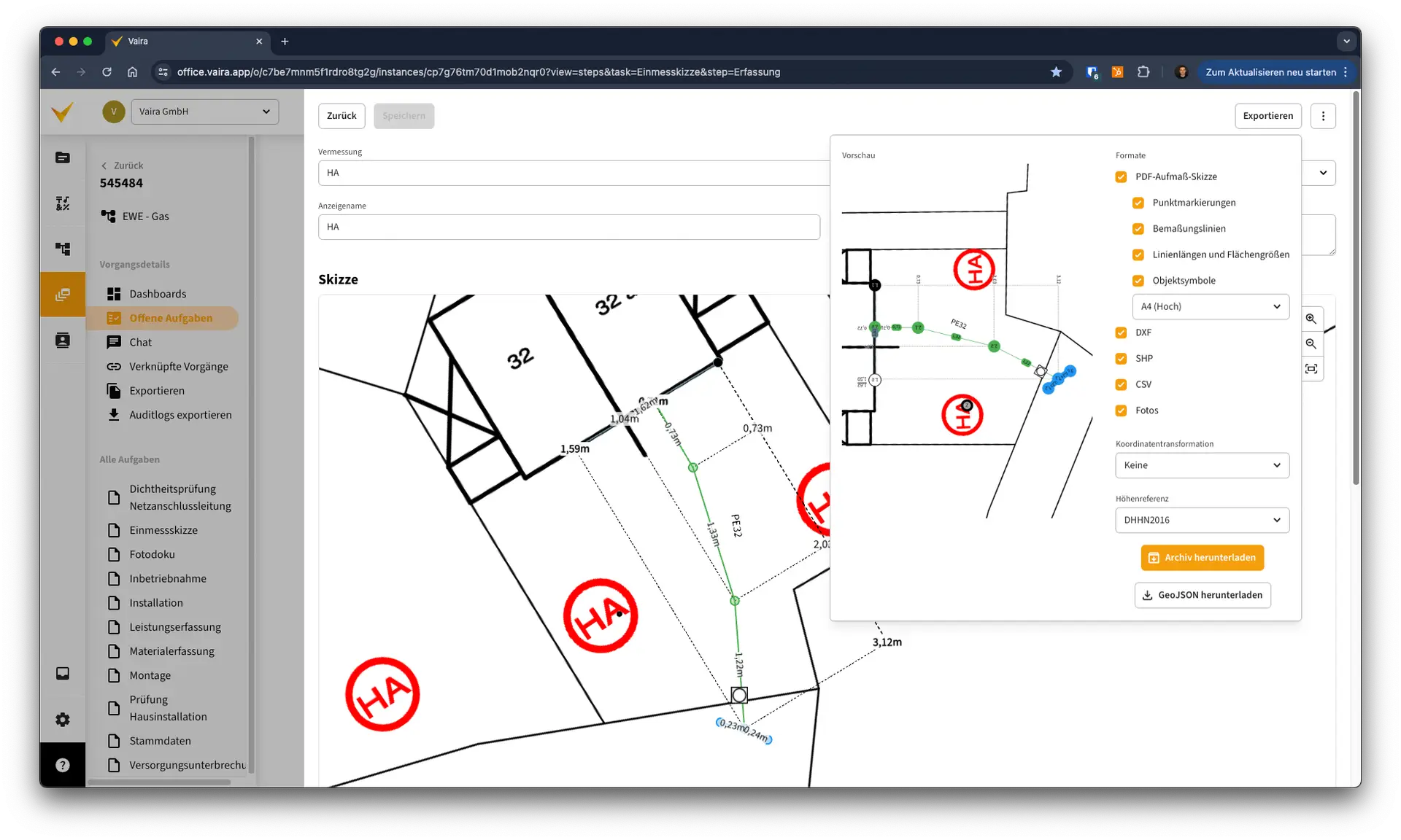 Vermessungsskizze mit Bestandsplan. Exportfenster ist ge&ouml;ffnet, zu sehen ist die neue Dropdown-Auswahl f&uuml;r das H&ouml;henreferenzsystem.